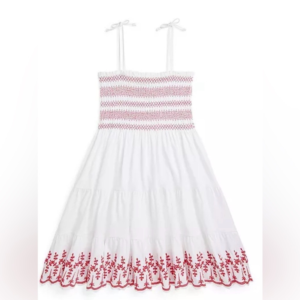 Girls White Dress with Pink Smocked Bodice